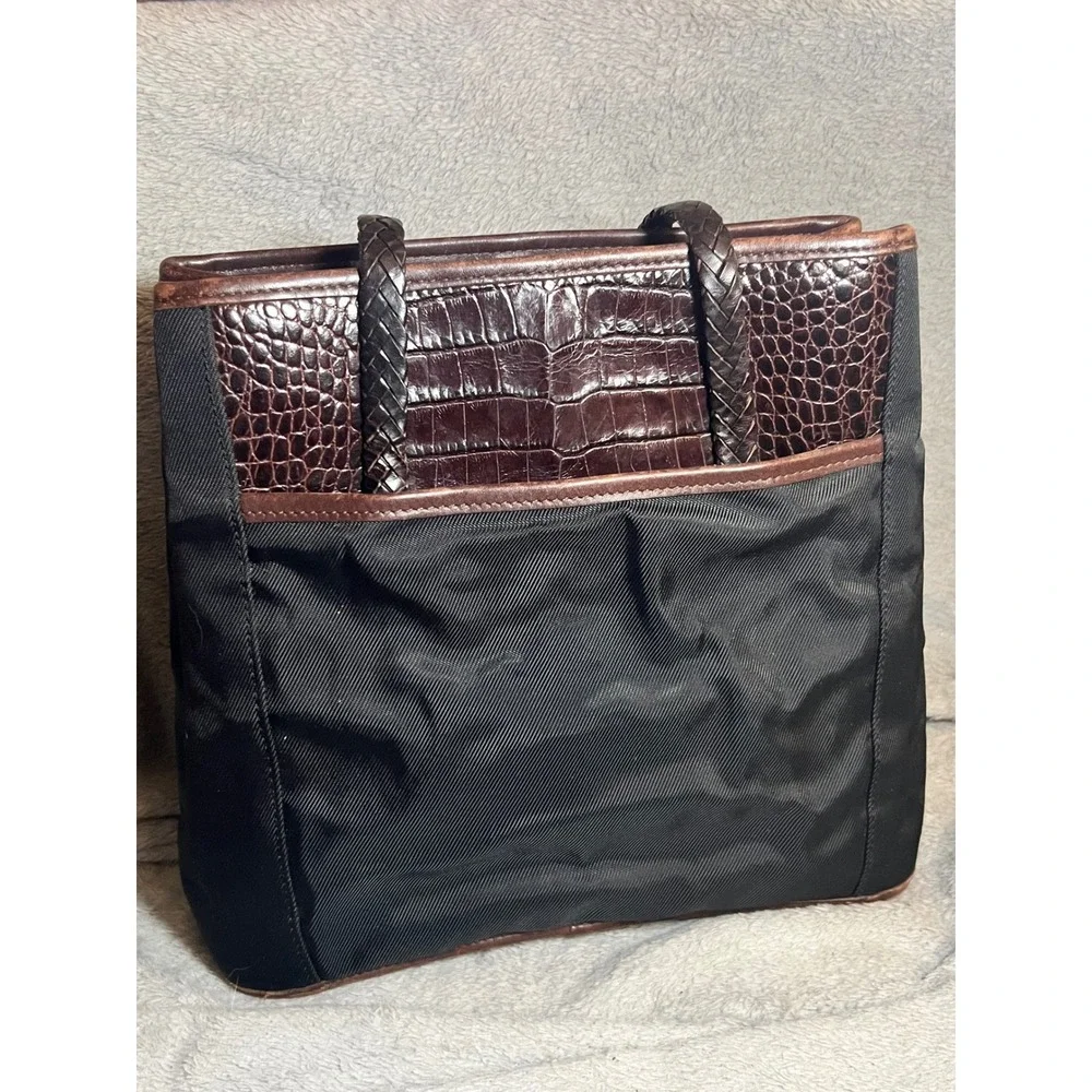 Brighton Black Nylon Brown Croc Embossed Leather Tote Shoulder Bag Braided Strap